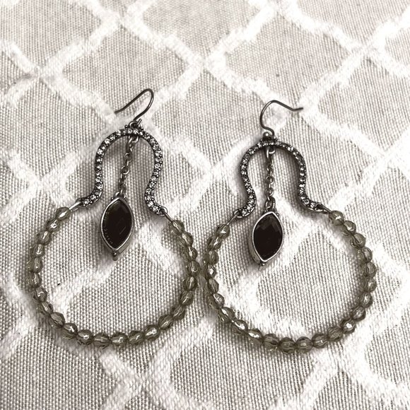 Beaded Dangle Drop Earrings Silver Tone Black Facet Stone Clear Rhinestone Beads - Picture 3 of 5